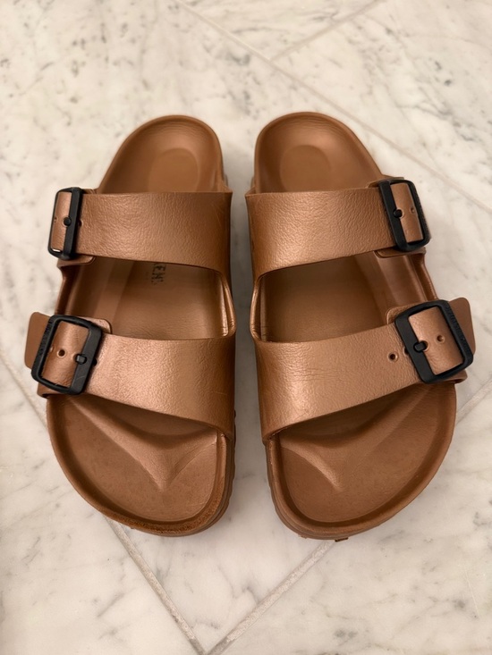 Birkenstock Shoes - Birkenstock Arizona EVA Metallic Copper Double-Strap Sandals with Black Buckles